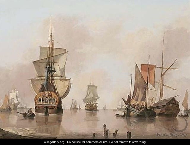 A Calm With Dutch Smalschips, A State Yacht And Other Shipping Vessels, Anchored Near A Shore - Jan van Os