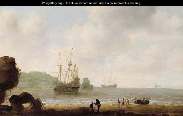 A Tropical Coastal Scene With A Rowing Boat Coming Ashore On A Beach, Other Shipping Vessels Beyond - Gilles Peeters