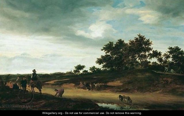 An Open Landscape With Figures Resting By The Roadside With Two Hunting Dogs Drinking Before A Pool Of Water - Jacob Salomonsz. Ruysdael