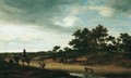 An Open Landscape With Figures Resting By The Roadside With Two Hunting Dogs Drinking Before A Pool Of Water - Jacob Salomonsz. Ruysdael