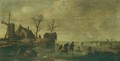 A Winter Landscape With Skaters And Other Figures On A Frozen River Beside A Windmill And Cottages - (after) Claes Molenaar (see Molenaer)