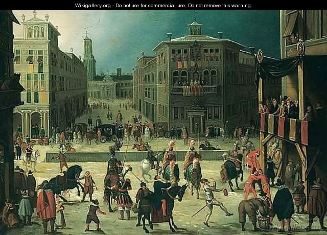 A Scene In A Town With A Tournament, Jousters And Acrobats Performing Before An Audience - (after) Louis De Caullery