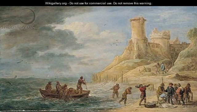 A Coastal Scene With Fishermen Bringing Their Catch Ashore Near A Castle - David The Younger Teniers