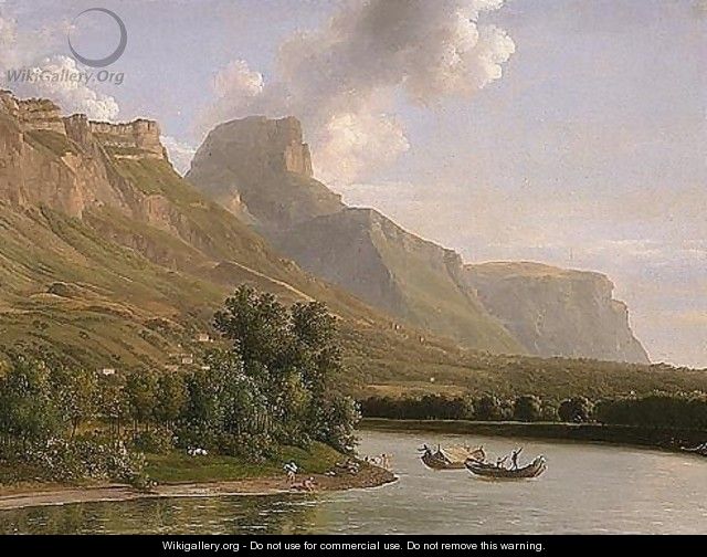 An Alpine Landscape With Figures Bathing And Fishermen In Their Boats Nearby - Jean-Joseph-Xavier Bidauld