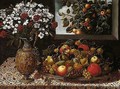 Still Life Of Apples, Pears, Grapes, Plums And Figs On A Parcel-gilt Platter, Together With A Sculpted Gilt Ewer Containing A Bouquet Of Carnations And Narcissi, Upon A Table - Tomas Hiepes