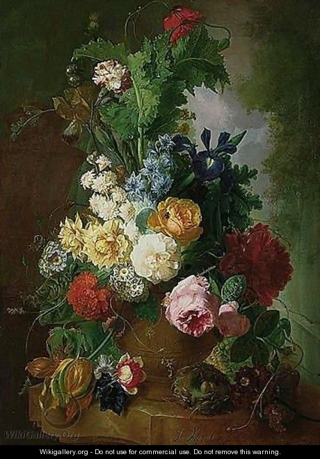 A Still Life Of Flowers In A Terracotta Urn With A Bird