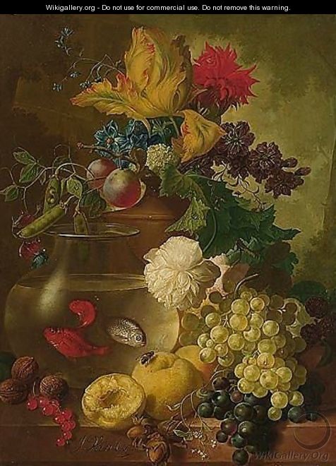 Still Life Of Fruit And Flowers, Together With Walnuts And Hazelnuts, A Bird
