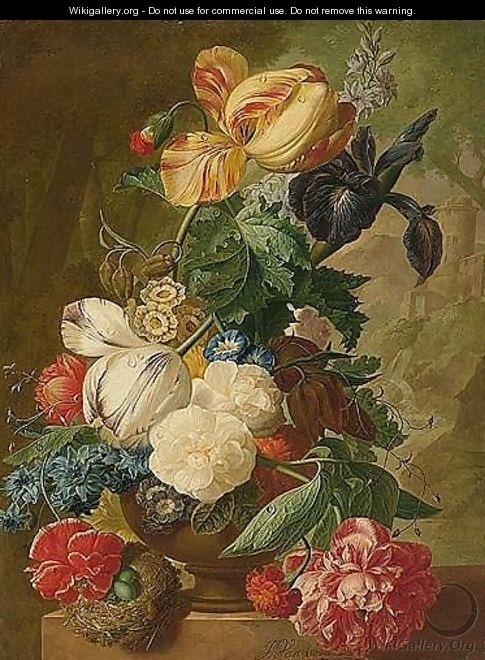 A Still Life Of Flowers, Including Tulips, A Delphinium And An Iris In A Stone Vase, A Bird