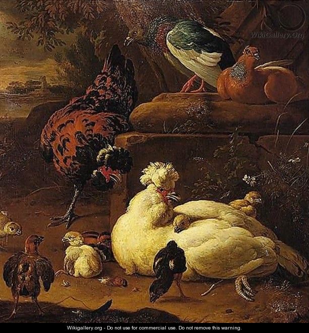 Still Life Of Bantams And Pigeons In A Classical Landscape, A River Beyond - Melchoir D