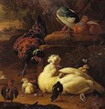 Still Life Of Bantams And Pigeons In A Classical Landscape, A River Beyond - Melchoir D