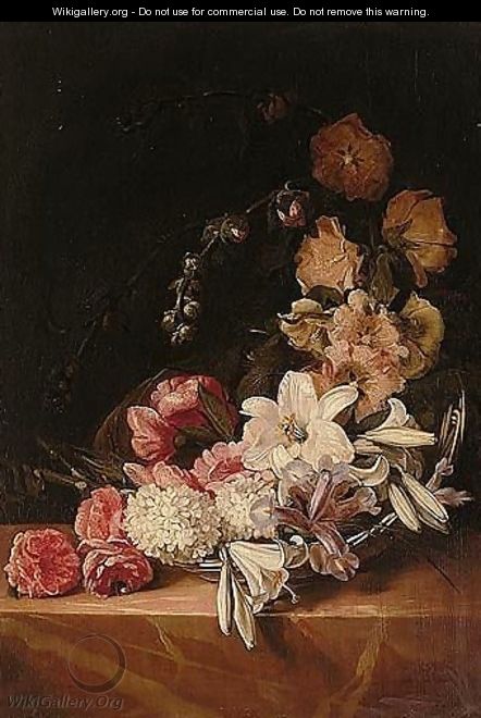 A Basket Of Summer Flowers Including Roses, Lilies, Hollyhocks And Irsies On A Pink Marble Ledge - Dirck de Bray