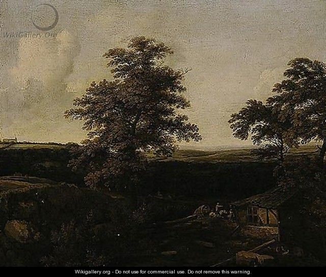 An Extensive Wooded Landscape With A Covered Wagon Approaching A Cottage, A Distant View Of A Country House Beyond - Allaert van Everdingen