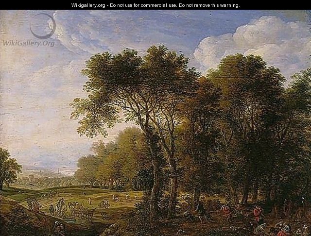 A Wooded Landscape With Figures Picnicking, Others Harvesting Beyond - Herman Saftleven