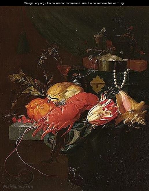 A Still Life Of A Lobster, A Conch Shell, A Tulip, Orange, Redcurrants, Bread, A Salt Cellar And A Wine-glass, Together With A String Of Pearls And A Jewellery Casket Upon A Partly-draped Stone Ledge - Elias van den Broeck