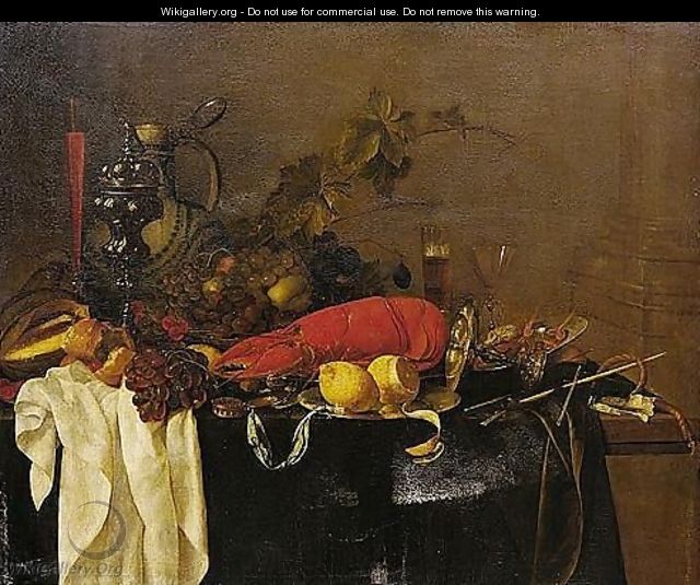 A Still Life With A Lobster, Fruit, Lemons, A Porcelain Jug, Pewter Vessels And A Facon-de-venise Wine-glass, All On A Table Draped In Green Velvet - Jan Davidsz. De Heem