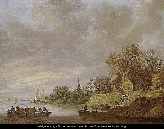 A River Landscape With A Ferryboat Approaching A Village - Jan van Goyen