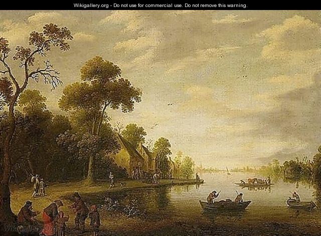 A River Landscape With Fishermen, Beggars On A Track And A Horse-drawn Cart Stopped Outside An Inn Beyond - Joost Cornelisz. Droochsloot