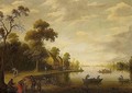 A River Landscape With Fishermen, Beggars On A Track And A Horse-drawn Cart Stopped Outside An Inn Beyond - Joost Cornelisz. Droochsloot