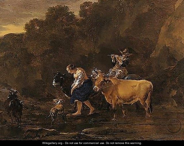 An Evening Landscape With Drovers Fording A Stream - Nicolaes Berchem