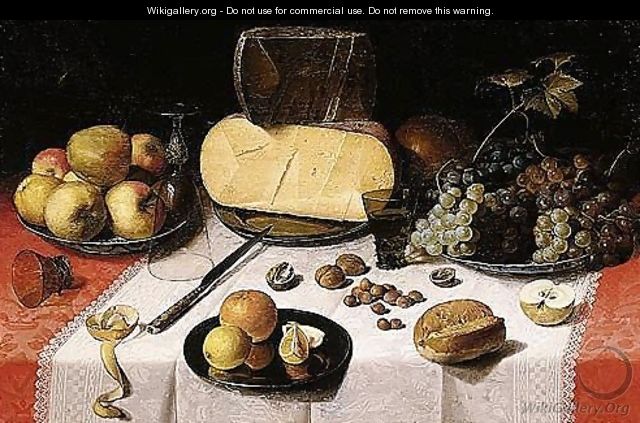 An Uitgestald Still Life Of Pears, Apples And Grapes On Blue-and-white Porcelain Bowls, Glass Roemers, A Knife, An Overturned Wine-glass, Apple-peel, An Orange And Lemons On A Pewter Plate, Walnuts And Hazelnuts, A Bread-roll, A Sliced Apple - Floris Claesz Van Dijck