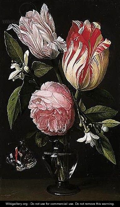 A Still Life Of A Rose, Tulips And Orange Blossom, In A Glass Vase With A Red Admiral Butterfly - Daniel Seghers