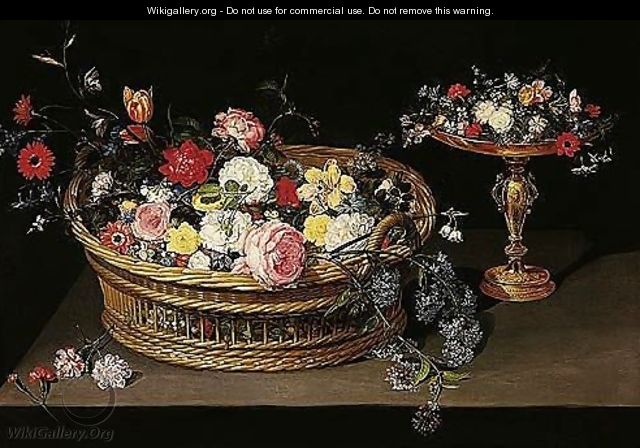 A Still Life Of Various Flowers In A Basket And Other Flowers On A Gilt Tazza, All Resting On A Table-top - Jan, the Younger Brueghel