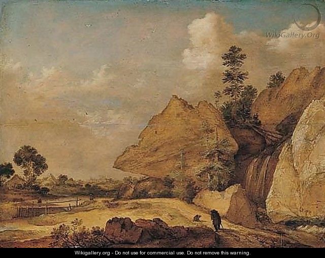 Rocky Landscape With A Solitary Traveller And His Dog Near A Waterfall - Gijsbert Gillisz D