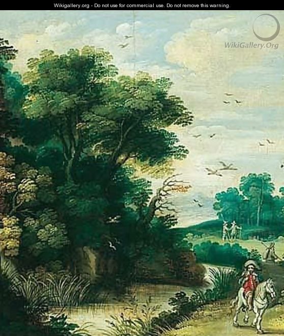 A river landscape with a falconer and other figures on a path - (after) Isaac Van Oosten