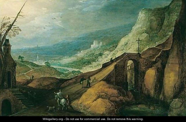 A Rocky River Landscape With Travellers Crossing A Bridge Near A Chapel - (after) Joos De Momper
