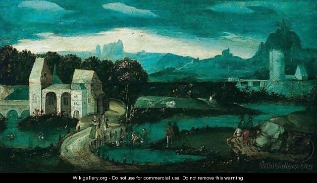 A panoramic landscape with elegant figures by a meandering river - Netherlandish School
