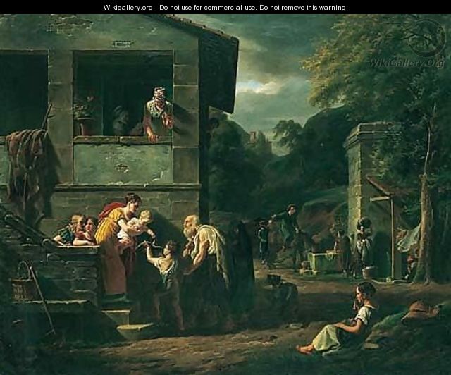 A Blind Beggar Accompanied By A Small Boy Outside A House, Washerwomen And Other Figures Watching Beyond - Jean Baptiste Antoine Emile Beranger