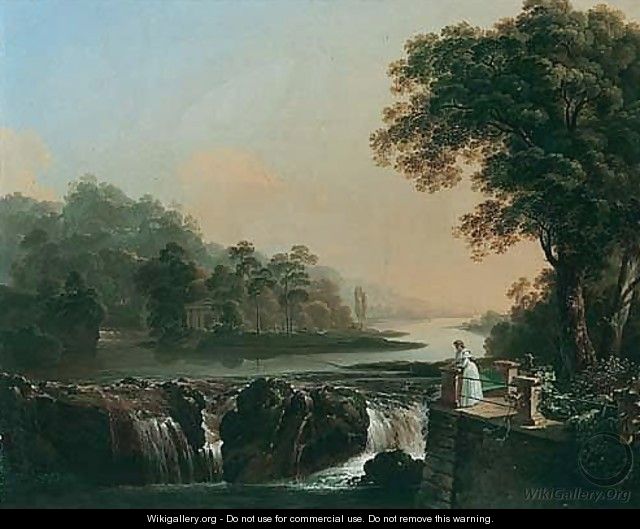 A River Landscape With A Young Girl Standing On A Terrace Overlooking A Waterfall, A Classical Temple On An Island Beyond - Johann Jacob Biedermann
