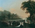 A River Landscape With A Young Girl Standing On A Terrace Overlooking A Waterfall, A Classical Temple On An Island Beyond - Johann Jacob Biedermann