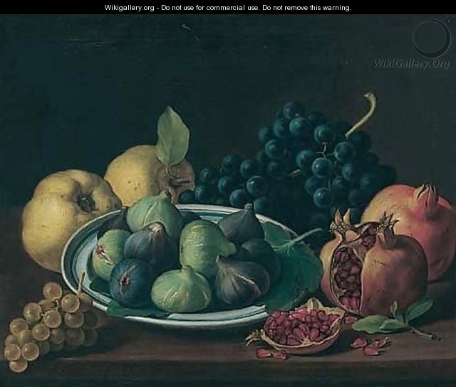 Still Life Of Figs In A Ceramic Bowl, Together With Pomegranates, Grapes And Apples On A Wooded Table Top - Jose Lopez-Enguidanos