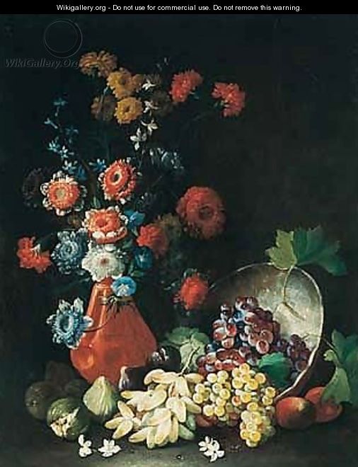 A Still Life Of Flowers In A Terracotta Vase, Wtih Grapes And Figs Spilling Over From An Upturned Bowl - Tommaso Realfonso