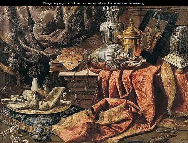 Still Life Of Gilt And Silver Ewers, A Mirror, A Chest, Sweetmeats On A Gilt Platter And Embroidered Cloths - Francesco (Il Maltese) Fieravino
