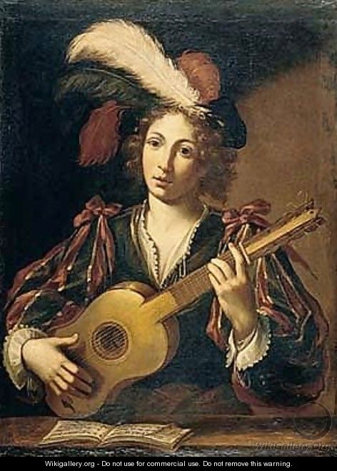 A figure of a youth playing the guitar - (after) Claude Vignon