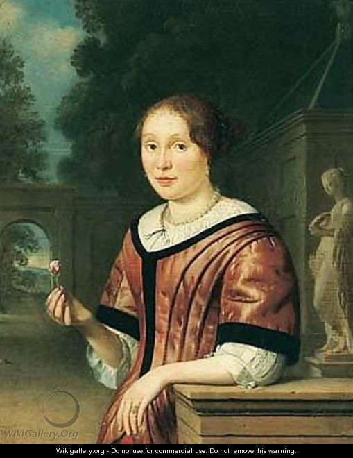 Portrait Of A Lady, Half-length, Wearing Pink, Holding A Rose, In An Ornamental Garden - Pieter Cornelisz. van SLINGELANDT