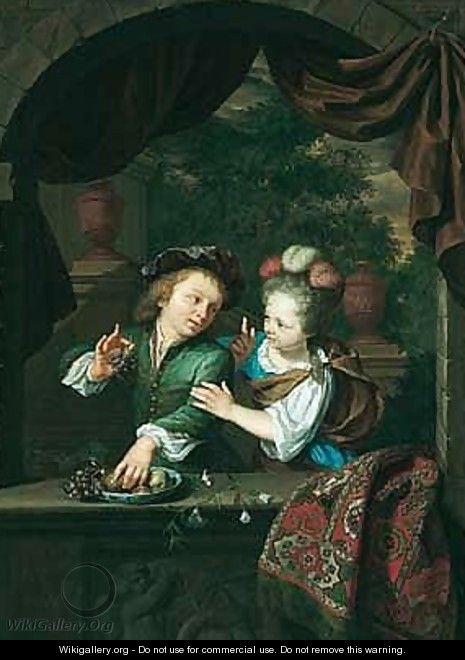 A Young Boy Taking Fruit From A Blue-and-white Porcelain Bowl And A Girl Rebuking Him, Both Elegantly Dressed And Set Within A Stone Niche - Arnold Boonen