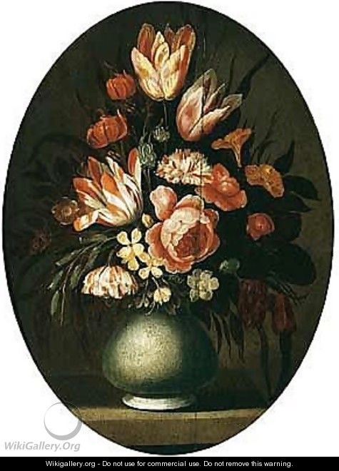 Still life of flowers, including tulips, roses, carnations, daffodils, morning glory, lilies and snowdrops in a vase - (after) Hans Bollongier