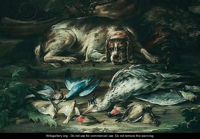 A Still Life With A Hound Guarding Over A Wild Boar, A Heron And Songbirds, Together With A Musket And Shot Nearby - (after) Baldassare De Caro