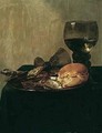 Still Life Of Bread And Oysters On A Pewter Dish With A Roemer And An Overturned Wineglass Upon A Draped Table-top - (after) Abraham Susenier