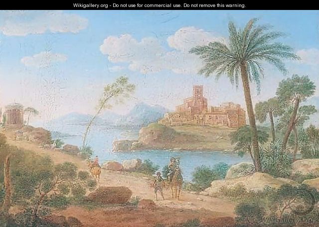 An Italianate Landscape With A Falconer On A Path Near A Classical Rotunda, An Island Town Beyond - Giacomo Van Lint