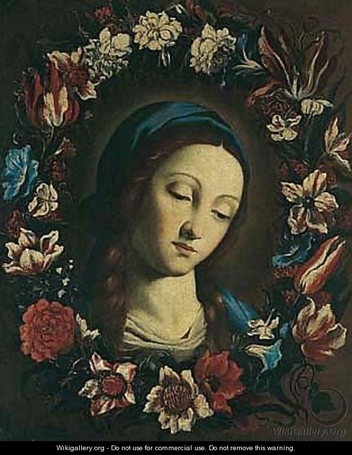 The Head Of The Virgin Surrounded By A Garland Of Flowers - (after) Giovanni Battista Salvi, Il Sassoferrato
