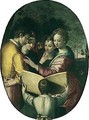Various figures gathered around a small boy holding up a book - North-Italian School
