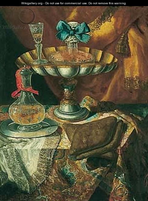 Still life of a wine glass and bottle in a parcel gilt tazza together with a glass decanter on a pewter dish upon a draped tabletop - Maximilian Pfeiler
