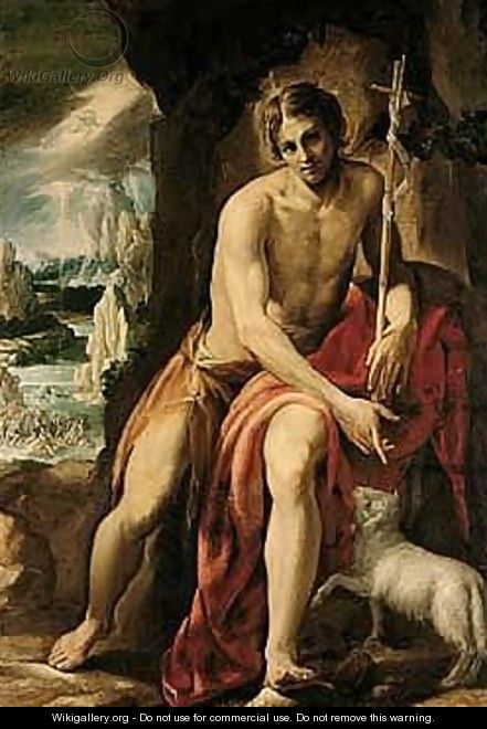 Saint John The Baptist In The Wilderness, The Baptism Of Christ In The Distance - Orazio Borgianni