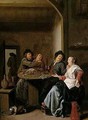 A Tavern Interior With Two Courting Peasant Couples Seated At A Table, Strewn With Food And Drink - Jan Miense Molenaer