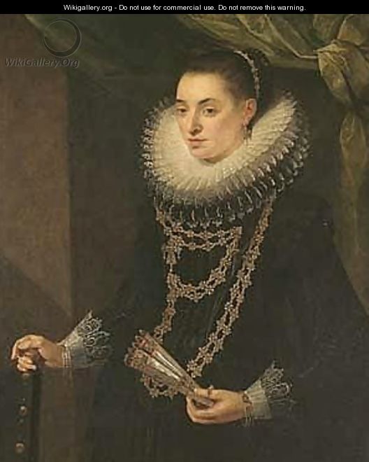 Portrait Of A Lady, Three-quarter Length, Wearing Black And Holding A Fan, Standing Before A Draped Green Curtain - (after) Cornelis De Vos