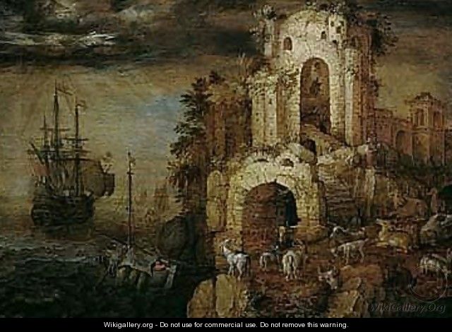 A Coastal Scene Under A Glowering Sky, With Goats And Other Animals And Peasants Among Ruins, A Man-o